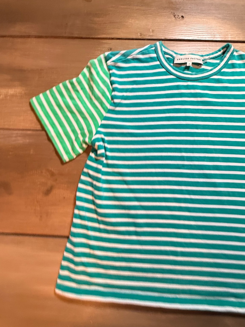 English Factory Green White Striped Tee Preppy Coastal Casual Short Sleeve Top - Picture 3 of 11